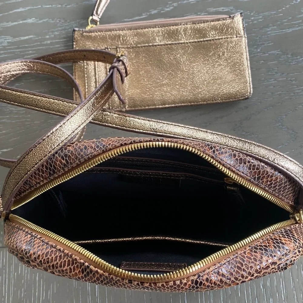 G.I.L.I Women’s Snake Print Leather Gold Rose Crossbody Bag Purse and Wallet Set